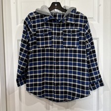 Gymboree Boy's M 7-8 Blue Flannel Plaid Shirt Shacket Knit Hood