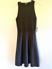 Express Black Solid Knit Fit & Flare Dress XS Round Neck Knee Stretch