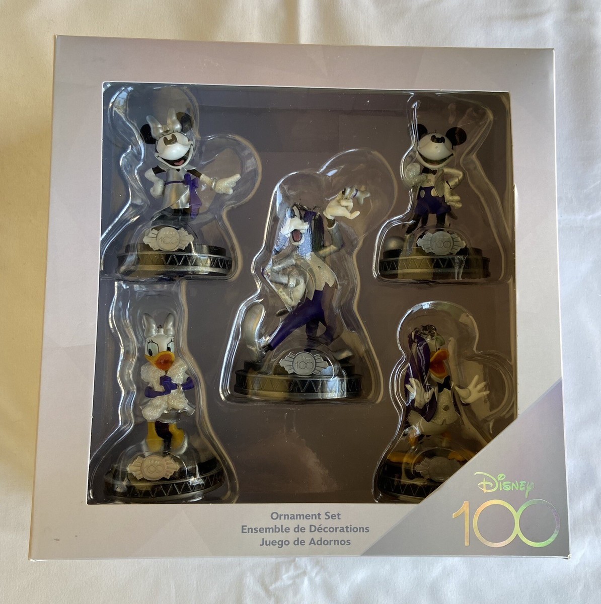 New! Disney 100th Anniversary Platinum Ornament Set Fab 5 - New In