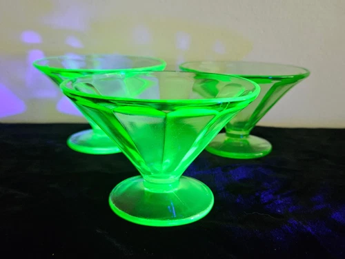 Lot/3 Vintage Uranium Glass Federal Green Depression Sherbet Dish