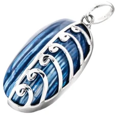 925 Sterling Silver Blue Mother Of Pearl Turbo Shell Sterling Pendant, 1 3/4"