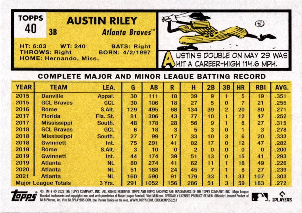 2022 Topps Archives #40 Austin Riley - Image 2 of 2