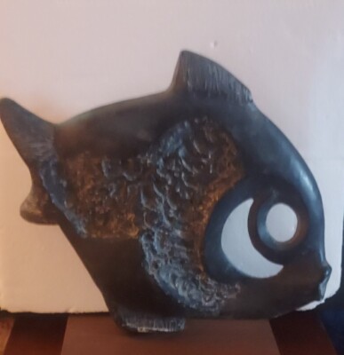 Klara Sever Modernist Fish Sculpture Austin 1970 Black Casting Stone Abstract