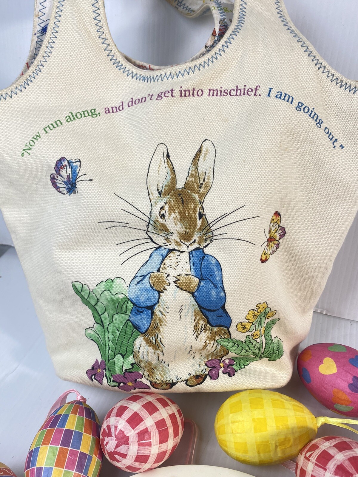 Royal Doulton Bunnykins Plate, Beatrix Potter Canvas Bunny Basket Tote Lot Eggs