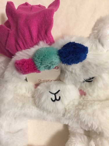 SO Girls Faux-Fur Shell ivory White LAMA Trapper Hat Beanie Pink Gloves Set S/M - Picture 5 of 5