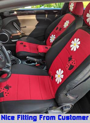 Front car seat covers black/red w/daisy&ladybug,butterfly...fits VW Beetle