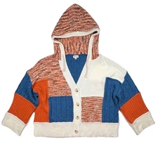 POL Women M Oversized Colorblock Hooded Button Cardigan Sweater Knit Boho Cozy