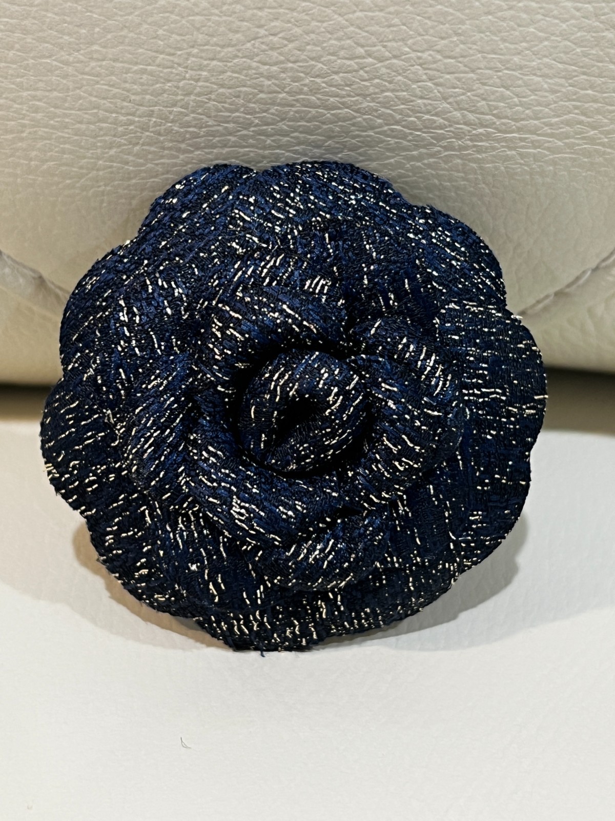 Chanel Camellia Flower - converted to brooch/pin - Navy Blue & Gold NEW IN BOX thumbnail 3