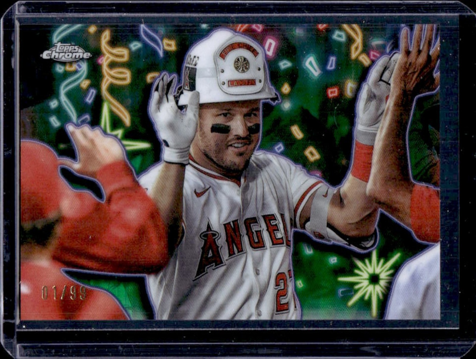 2025 Topps Chrome Update Mike Trout Celebracion SP Green Refractor #01/99 Angels