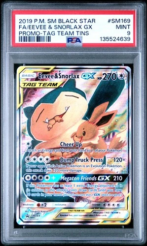 2019 POKEMON SM BLACK STAR PROMO TAG TEAM TINS FULL ART/EEVEE & SNORLAX GX PSA 9
