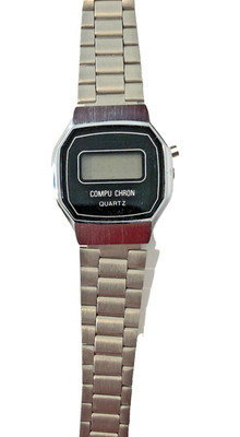 Compu Chron Stainless Steel Quartz Digital Watch For Parts or Repair Vintage