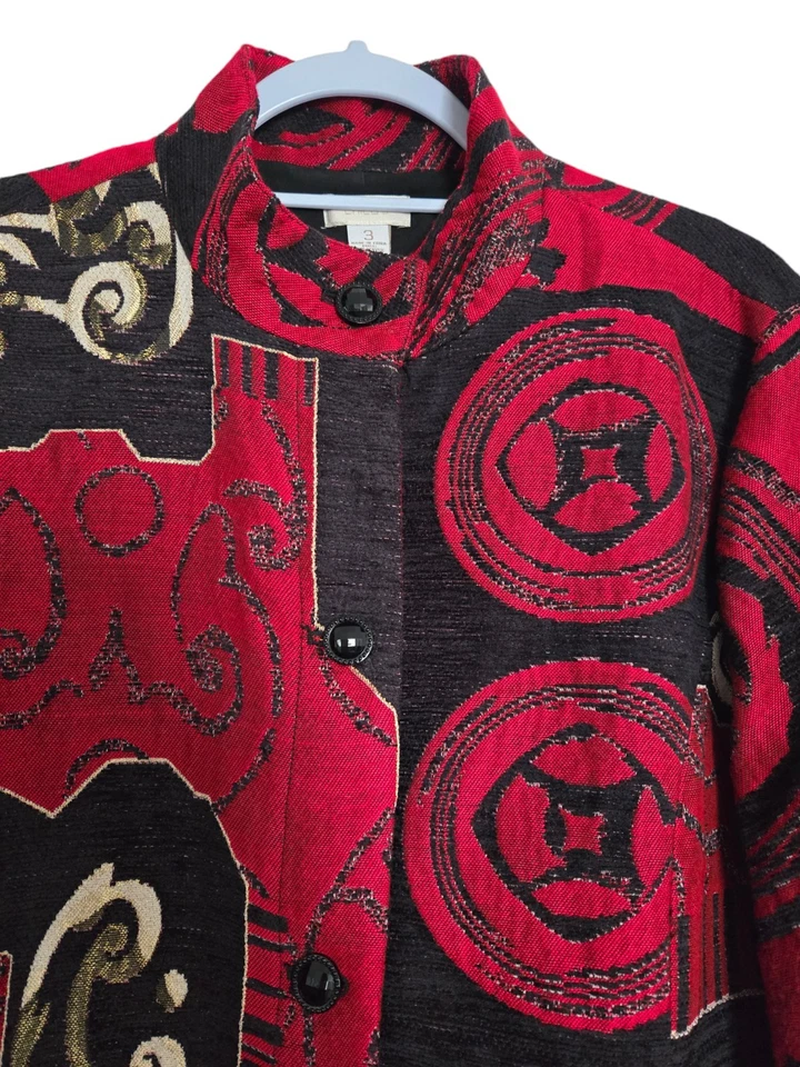 Chico's Red And Black Textile Jacket Button Front Size US XL, Chico's Sz 3 - Image 3 of 4