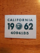 1962 California License Plate Registration Sticker, YOM, CA DMV