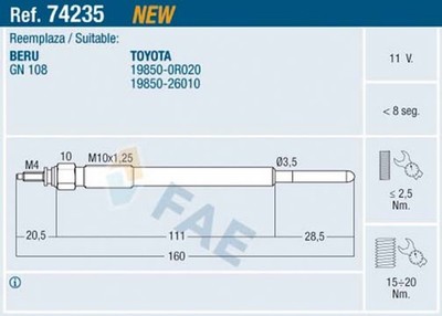 Glühkerze FAE 74235 für COROLLA AURIS TOYOTA AVENSIS 11V M 10x1,25 Verso ADE157_