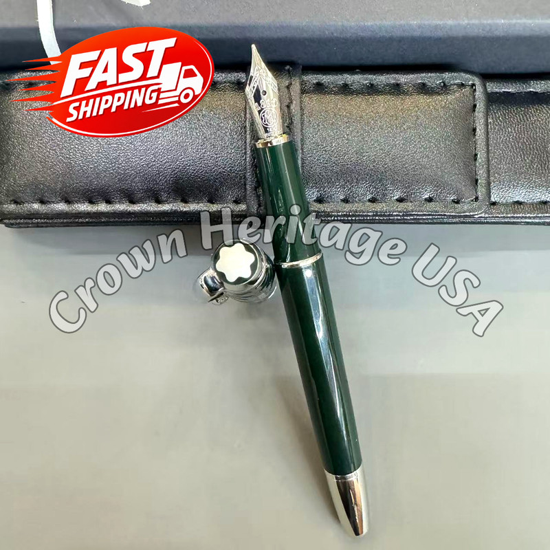 BID NOW MB Meisterstück Green Wave Fountain Pen Silver Trim w/Leather Pouch, Box