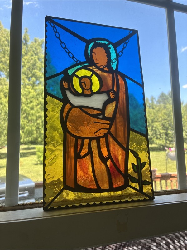 Virgin Mary Vintage Stained Glass Leaded Window Hanging Art Antique Handmade