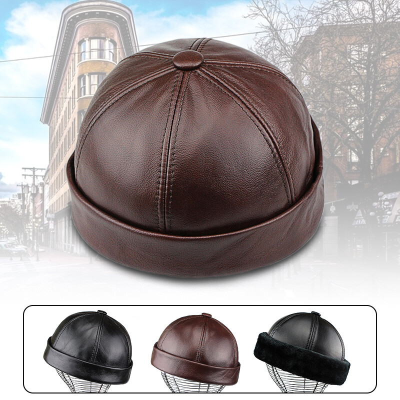 Men's Genuine Leather Winter Warm zucchetto Skullcap Beret Round