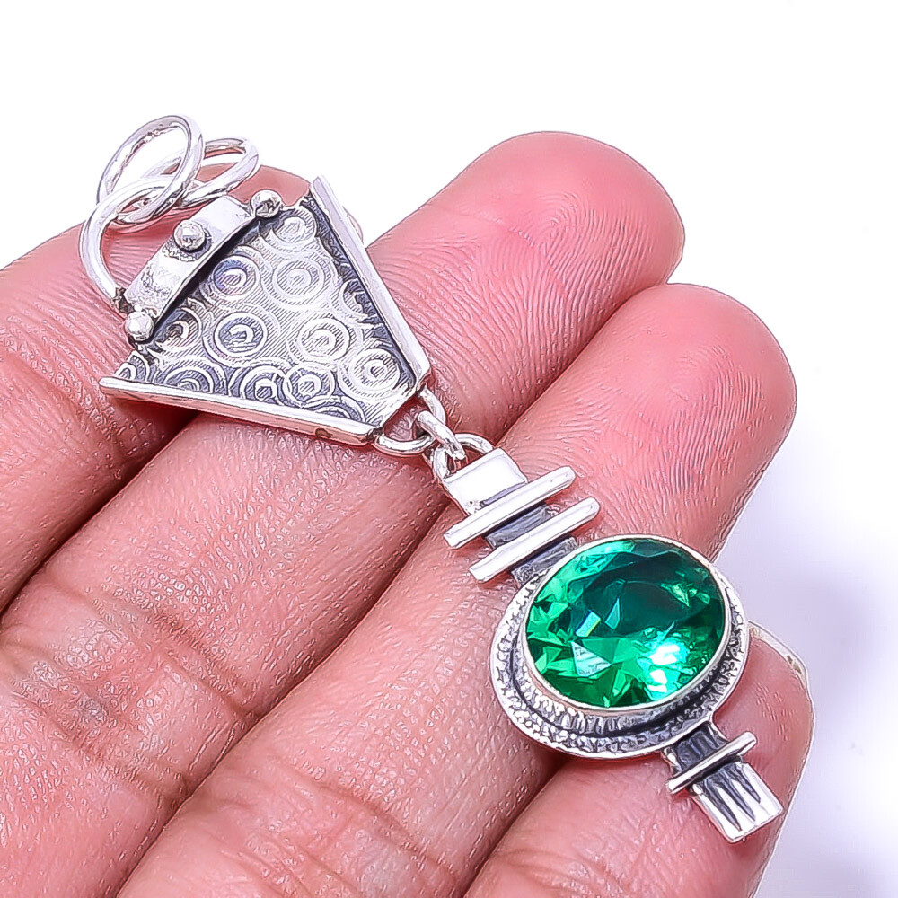 Emerald Oxidised Designer (Simulated) 925 Sterling Silver Pendant 2.5