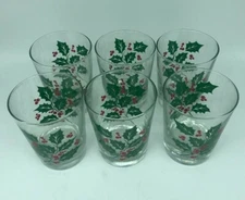 Set of 6 Christmas Holiday Holly & Berry Highball Cocktail Drinking Glasses