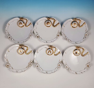 6 RARE Figural Pocket Watch Dessert Salad Plate Set Walter Hatches Italy 1950s