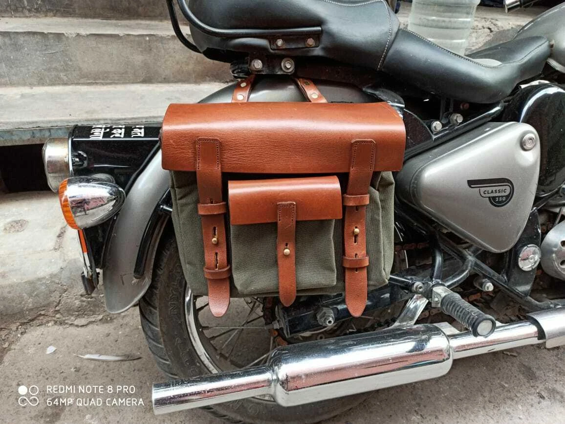 Brown Leather Green Canvas Saddle Bag For Royal Enfield Classic 350 500cc