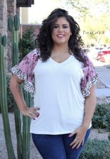 New PLUS SIZE Womens WHITE PINK FLORAL PRINT RUFFLE SLEEVE SHIRT TUNIC 1X 2X 3X