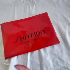 SHISEIDO Makeup Bag RED 9"x6" w/zipper Faux leather Cosmetic Toiletry Pouch New