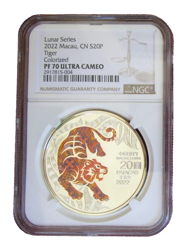 2022 Macau Year of the Tiger 1 oz Silver Lunar Proof 20 Patacas Coin NGC PF70