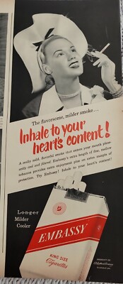 1949 Embassy king size cigarettes woman smoking inhale hearts content vintage ad