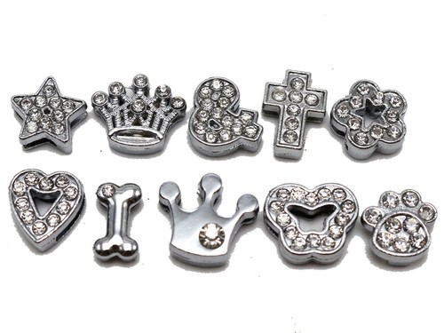 10 Assorted Silver Alloy Flower Cross Heart Slide Charms Fit 8mm Wristband - Picture 3 of 9