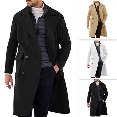 Men Full Length Trench Coat Double Breasted Long Wool Overcoat Warm Windbreaker