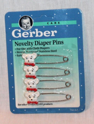 NEW 1991 SET OF 4 VINTAGE BABY GERBER NOVELTY  DIAPER PINS WHITE BEAR