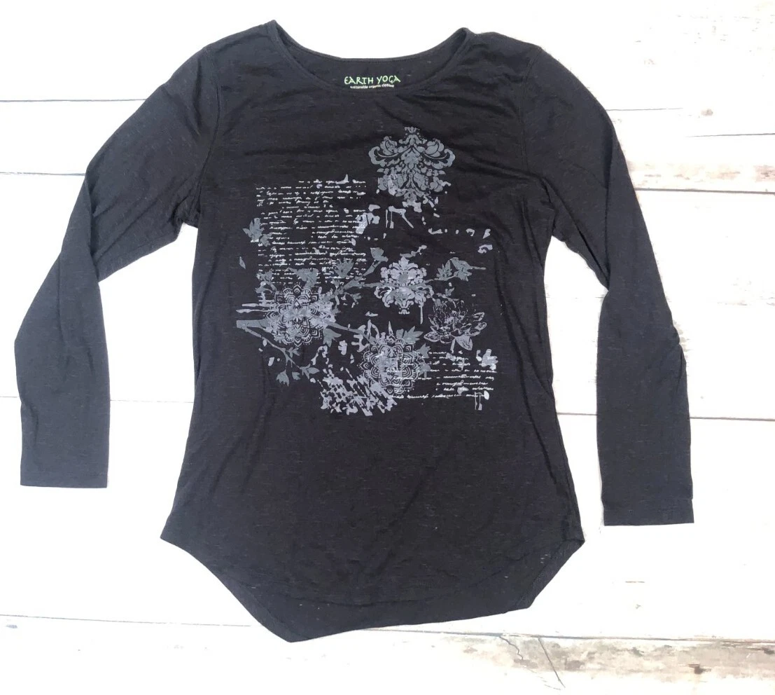 Earth Yoga Womens Black Long Sleeve Graphic Floral Organic T-Shirt