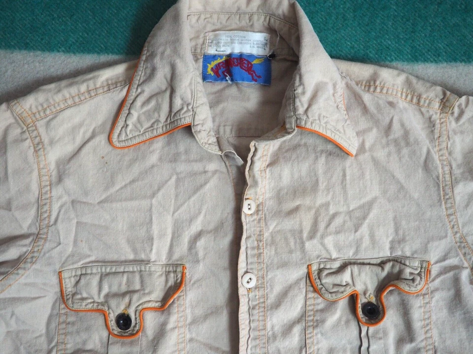 Camisa De Colección Años 60 70 Wrangler Beige Naranja Lino EE. UU. Vaquero Occidental Botón Para Hombres M Foto 2 de 4