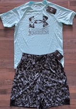 NWT Under Armour YLG Black/Light Aqua Blue/White BIG LOGO Shorts Set Large