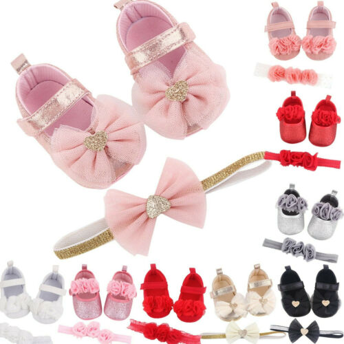 Säugling Baby Mädchen Blume Prewalker Prinzessin Schuhe Stirnband Set flache weiche Sandale