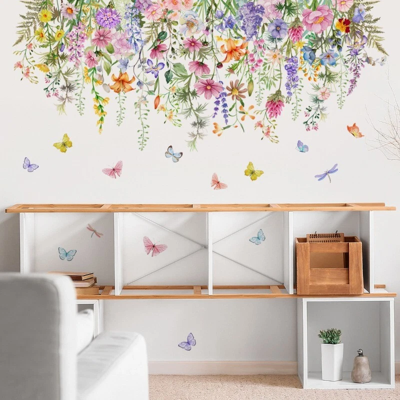 Pegatinas de pared calcomanías adhesivas decoración del hogar PVC floral flor mariposa arte dormitorio Foto 3 de 4