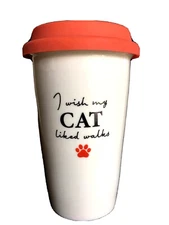 IQ ACCESSORIES Ceramic Travel Tumbler Cat Walks Orange Silicone Lid 12oz Coffee