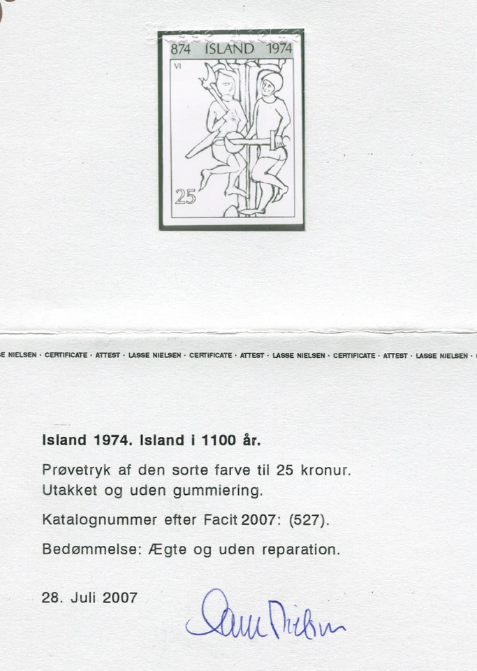 Islandia 1974 1100 años 25 coronas negro color prueba ensayo MNGAI con foto certificado de autenticidad Foto 2 de 4