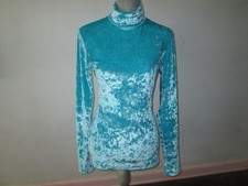 Women's BRUCE GLEN Aqua Crushed Velvet Turtleneck Top ~ M *USA-Made Disco Glam