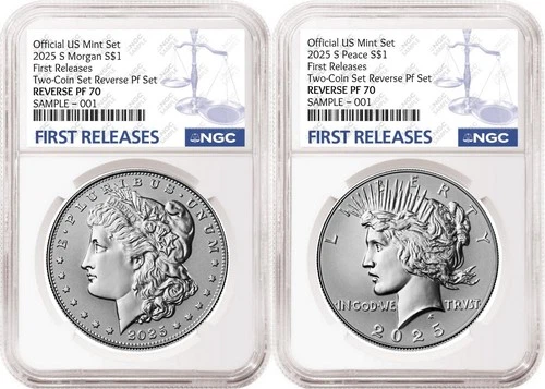 2 coin 2025 Morgan and Peace Reverse Proof Dollar Set NGC RP70 FR FR