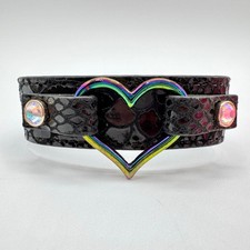Betsey Johnson Faux Black Snakeskin Anodized Heart Snap Cuff Bracelet Signed 90s