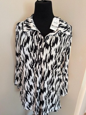 Kaktus Sz. S Black/White Abstract 2 - Buttons 3/4 Bell Sleeves Blouse New w/Tags