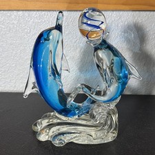 Murano Glass Dolphin Pair, Mother and Baby w/ Ball on Base 8.5