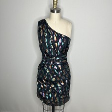 Guess One Shoulder Dress Womens Small Black Metallic Belt Asymmetrical Cocktail