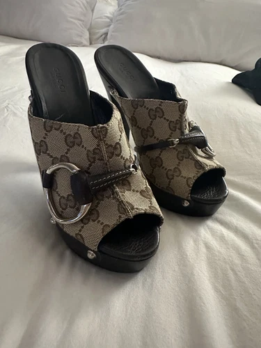 Gucci Monogram Cellarius Icon Horsebit Mule Slide Legno Platform Tacchi IT 37 5