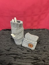 New Light Gray Knit Texting Fingerless Gloves Button Trim
