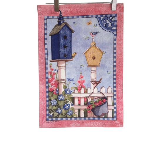 Sandi Gore Evans Kitchen Garden Flag OS Pink Blue Birdhouse Garden Cottagecore