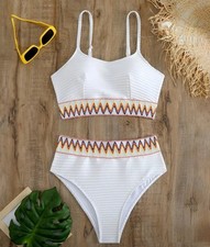 New Chic White With Rainbow Stripe Detail Bikini Set - High-Stretch, 12-14