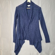 Monsoon Women's Cardigan Small Blue Open Knit Mohair Wool Blend Asymmetrical Hem